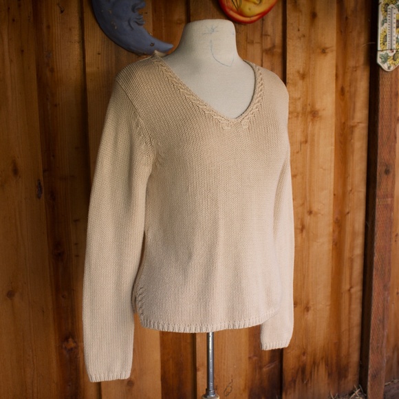 Vintage Talbots 100% Cotton Creme Knitted V-Neck Sweater Size S - Picture 7 of 15